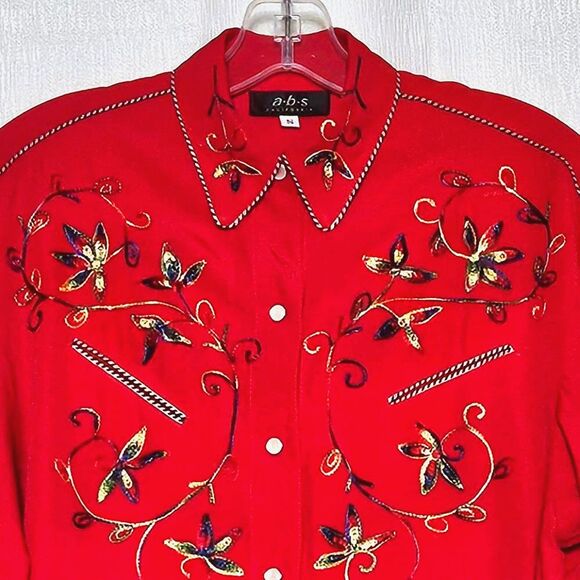 ABS California Red Colorful Embroidery Pearl Snap Buttons Western Rodeo Blouse - Picture 4 of 15